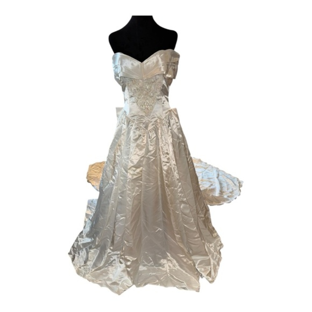 VTG DREAMY JESSICA MCCLINTOCK WEDDING GOWN SATIN REMOVABLE TRAINw/ACENT BOW sz10 - Picture 9 of 16